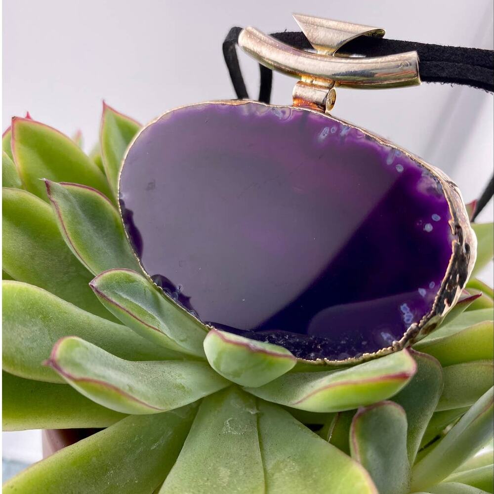 Genuine Purple Agate Slice Gold Flashed Statement Necklace